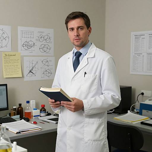 Male Scientist in Laboratory Holding Book Standing Near Scientific Diagrams
