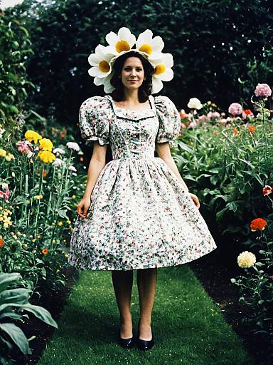 Woman in Floral Dress with Oversized Daisy Hat in Garden Portrait