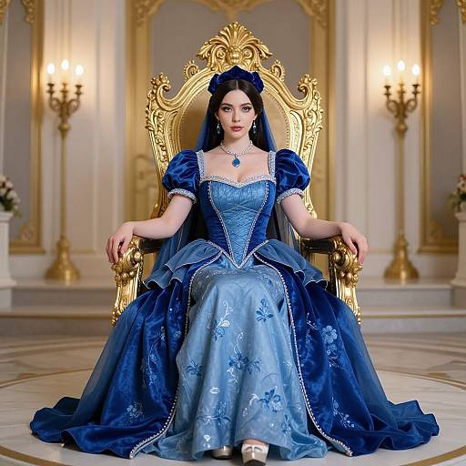 Elegant Woman in Royal Blue Victorian Dress Sitting on Golden Throne