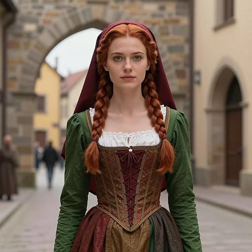 Woman in Renaissance Costume with Braided Hair in Historic European Street