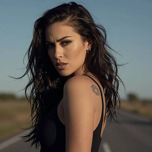 Confident Woman with Shoulder Tattoo Posing Outdoors on Road