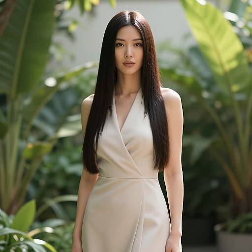 Elegant Woman in Light Dress Surrounded by Tropical Greenery