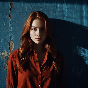 Moody Portrait of Red-Haired Woman Against Textured Blue Wall