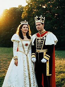 Photorealistic Outdoor Portrait of Couple in King and Queen Costumes