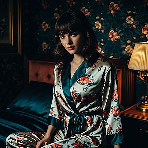 Woman in Floral Silk Robe on Bed