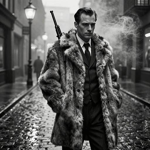 Man in Fur Coat with Rifle on Cobblestone Street in Black and White
