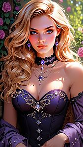 Elegant Blonde Woman in Purple Corset with Blue Eyes