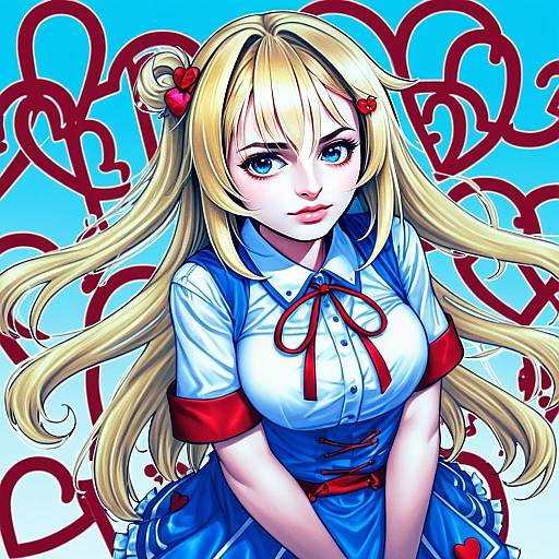 Anime Blonde Woman in Blue and White Heart-Themed Costume Illustration