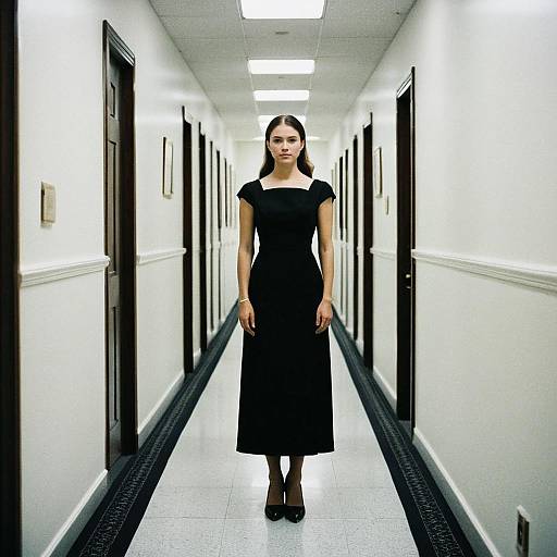 Woman in Formal Black Funeral Dress Standing in Hallway