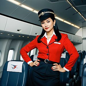 Confident Flight Attendant in Red and Black Uniform