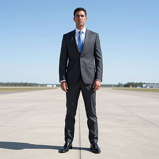 Confident Man in Gray Suit Standing on Airport Runway