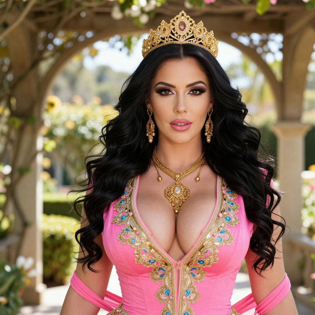 Elegant Woman in Pink Embroidered Gown Wearing Golden Crown