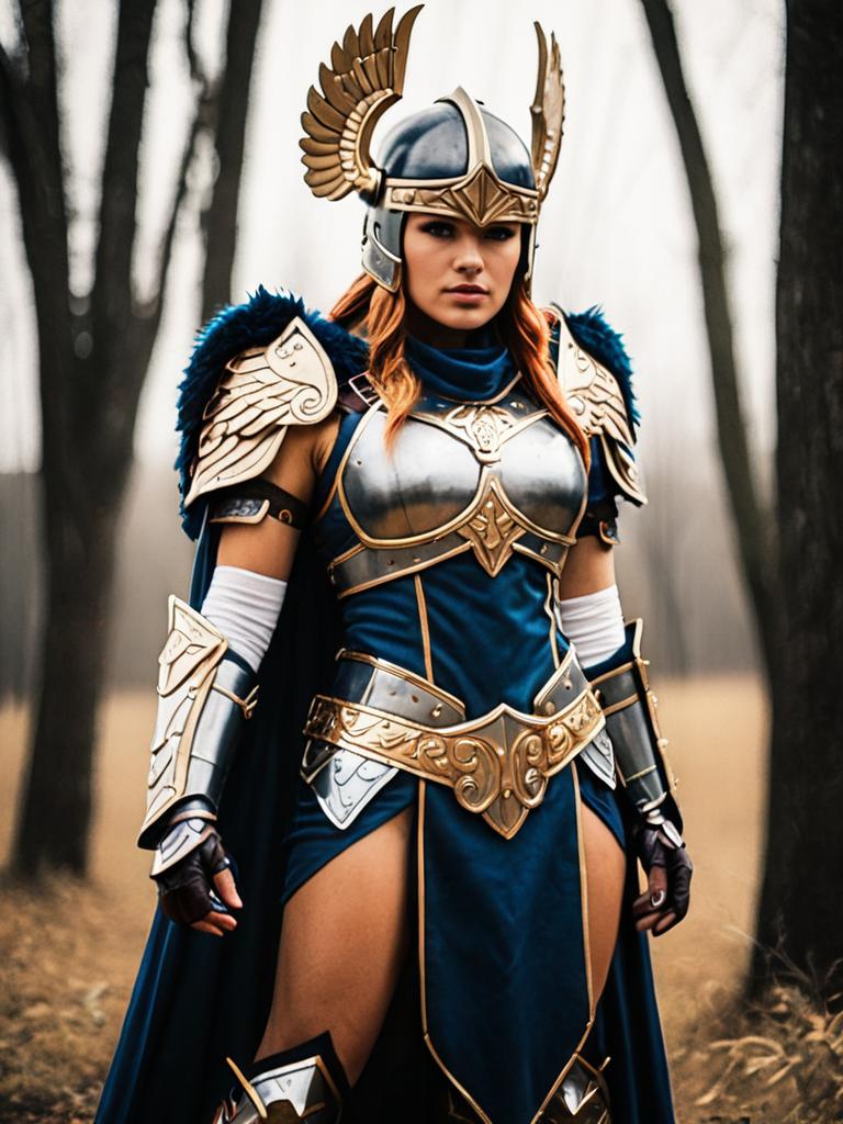 Viking Warrior Woman in Fantasy Armor Costume Outdoors
