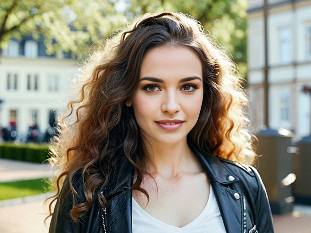 Confident Woman in Leather Jacket Outdoors