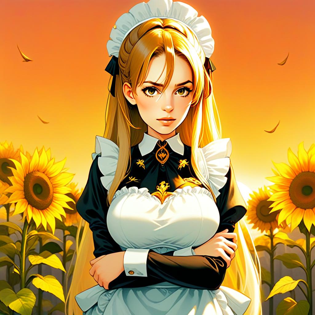 Anime Maid Woman in Sunflower Field Digital Illustration