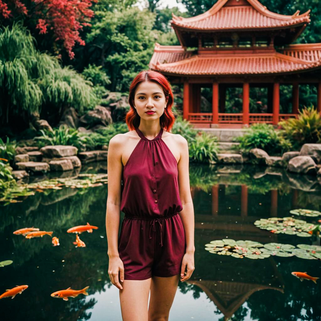 Woman by Serene Pond with Koi Fish and Pagoda