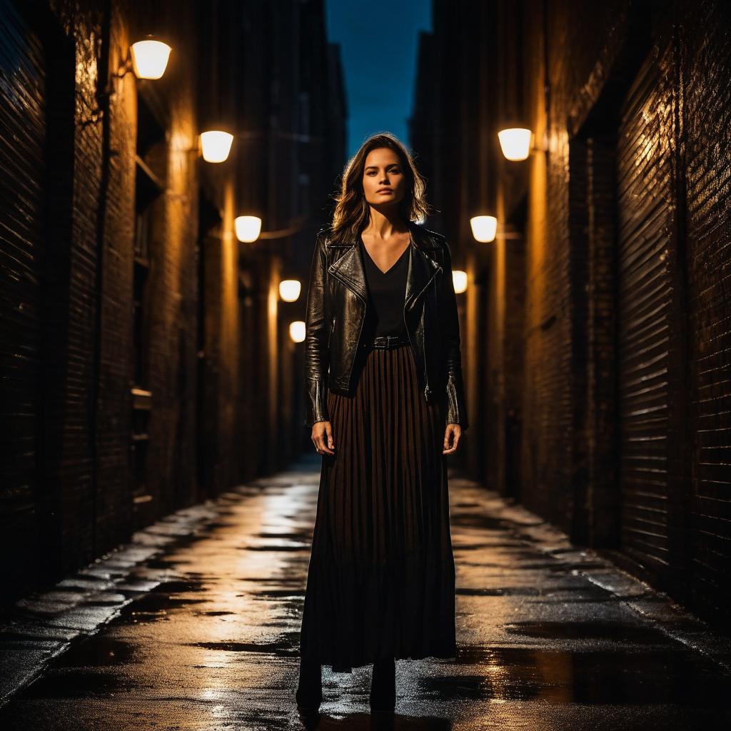 Woman in Black Leather Jacket Standing in Dimly Lit Alley at Night