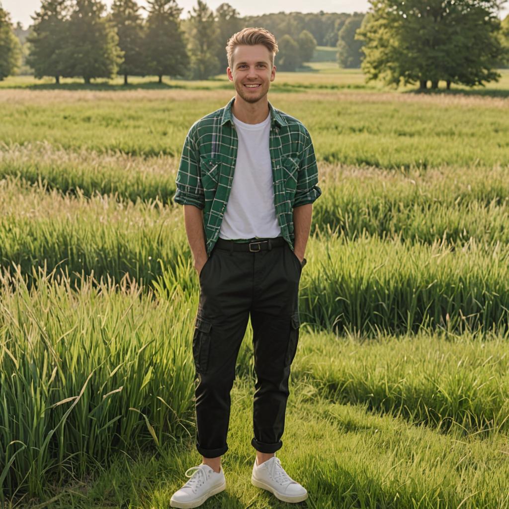 Man in Green Checked Shirt Smiling in Sunny Field