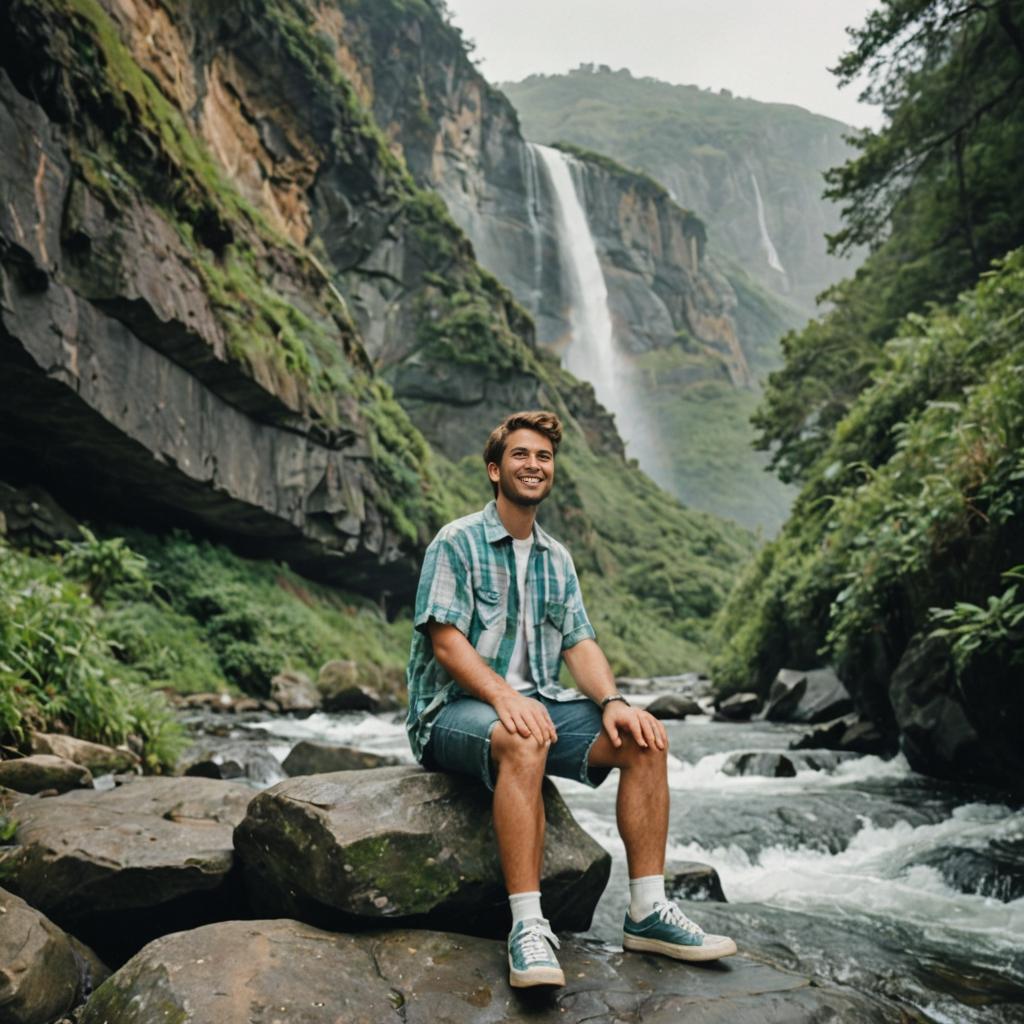 Smiling Man by Serene Waterfall