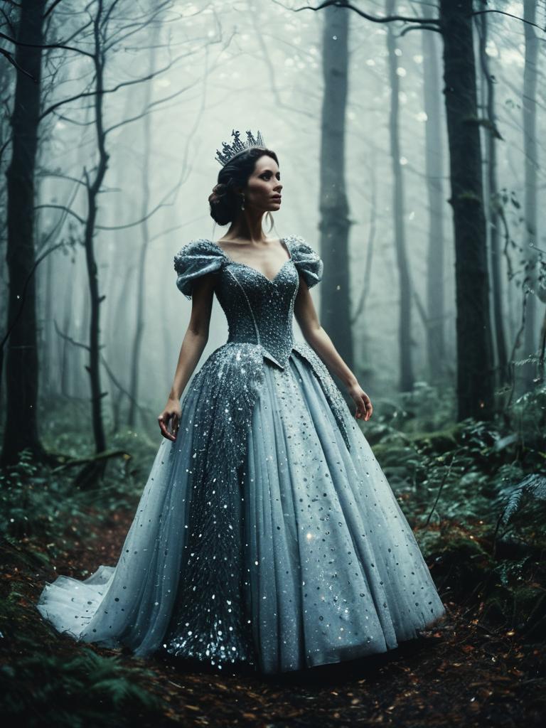 Enchanting Princess in Sparkling Blue Gown in Misty Forest