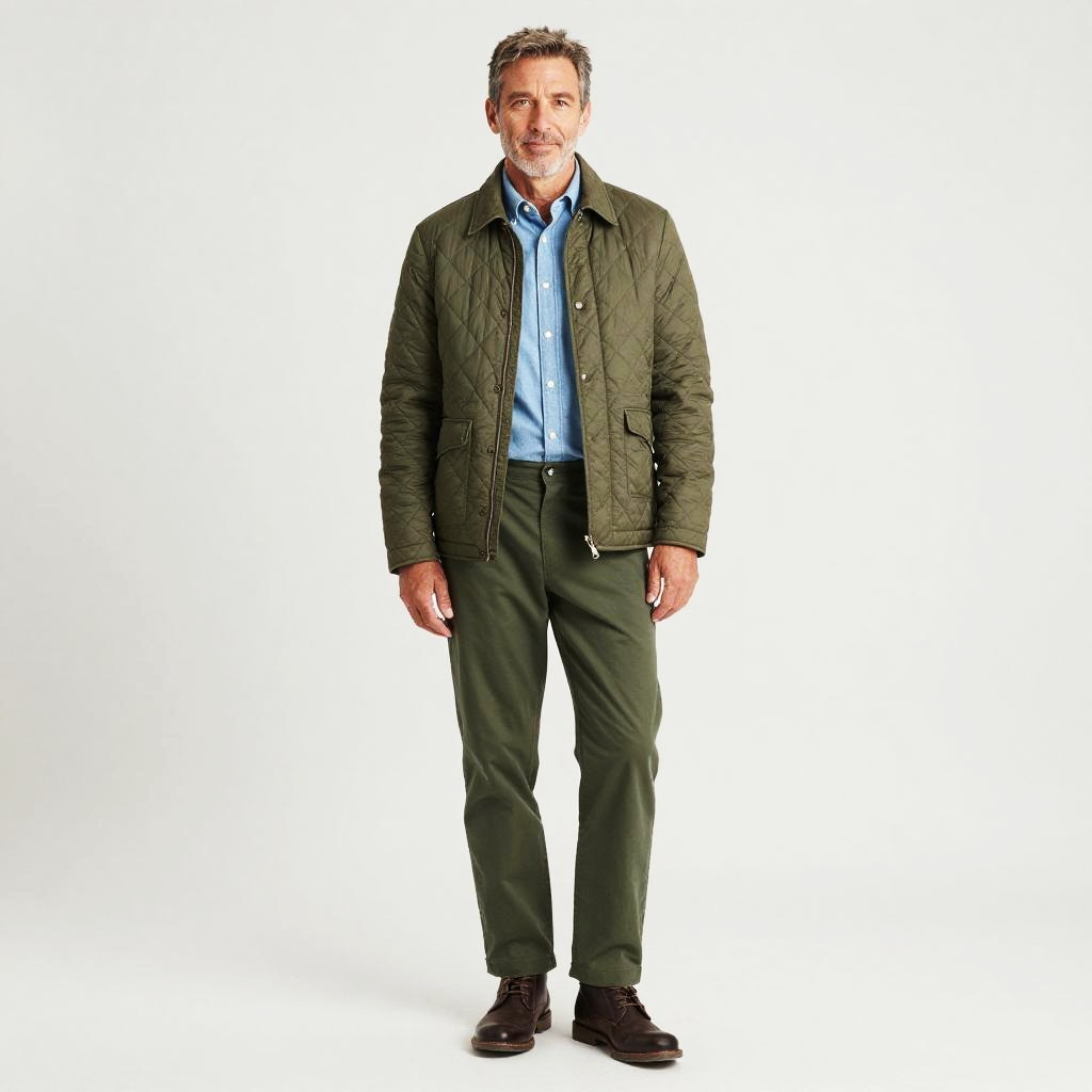 Mature Man in Quilted Olive Green Jacket and Casual Outfit