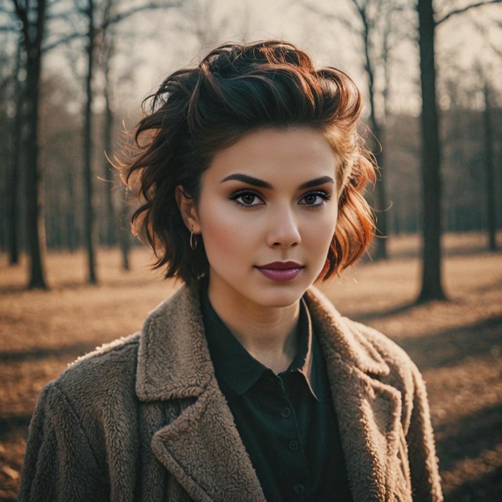 Confident Woman with Trendy Wolf Cut Hairstyle in Outdoor Setting