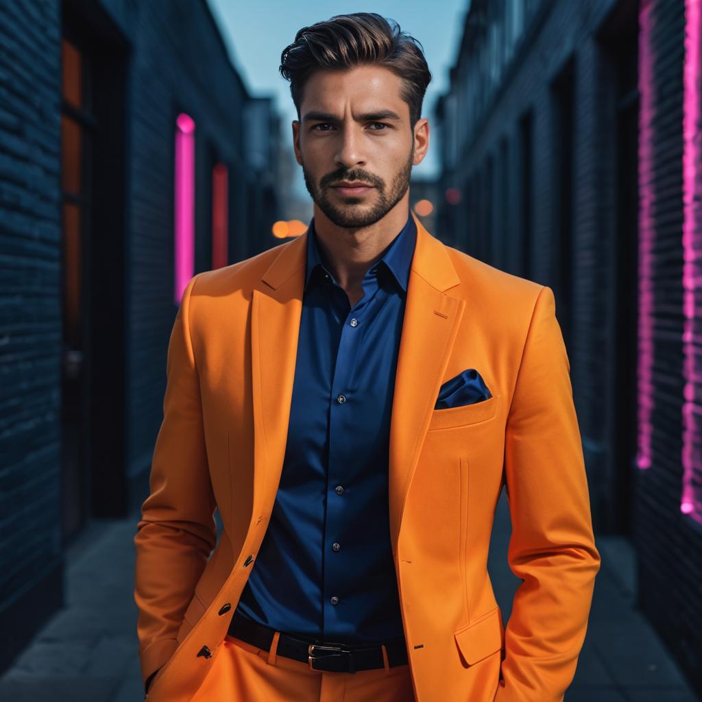 Man in Vibrant Orange Suit Against Urban Backdrop