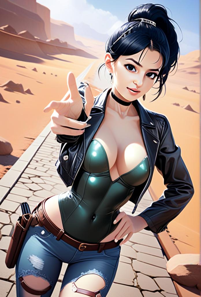 Confident Young Woman in Leather Outfit in Desert Landscape Digital Illustration
