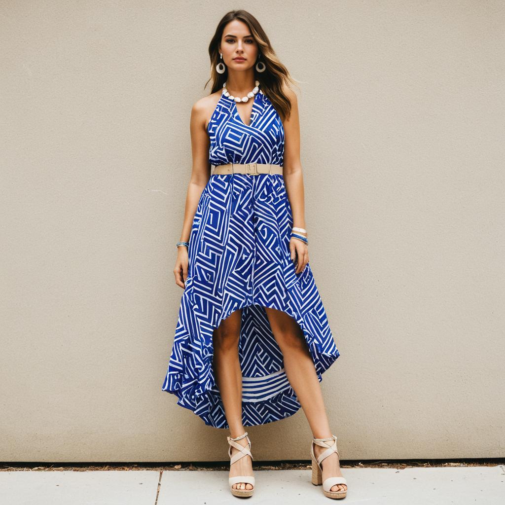 Woman Wearing Bold Blue Sleeveless Halter Neck Summer Dress with High-Low Hemline
