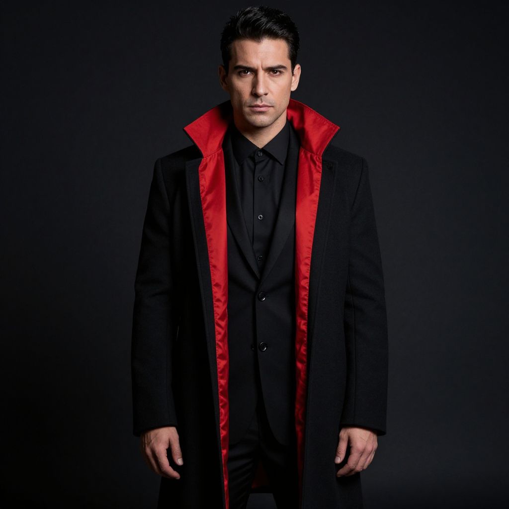 Confident Man in Black Coat with Red Satin Lining on Dark Background