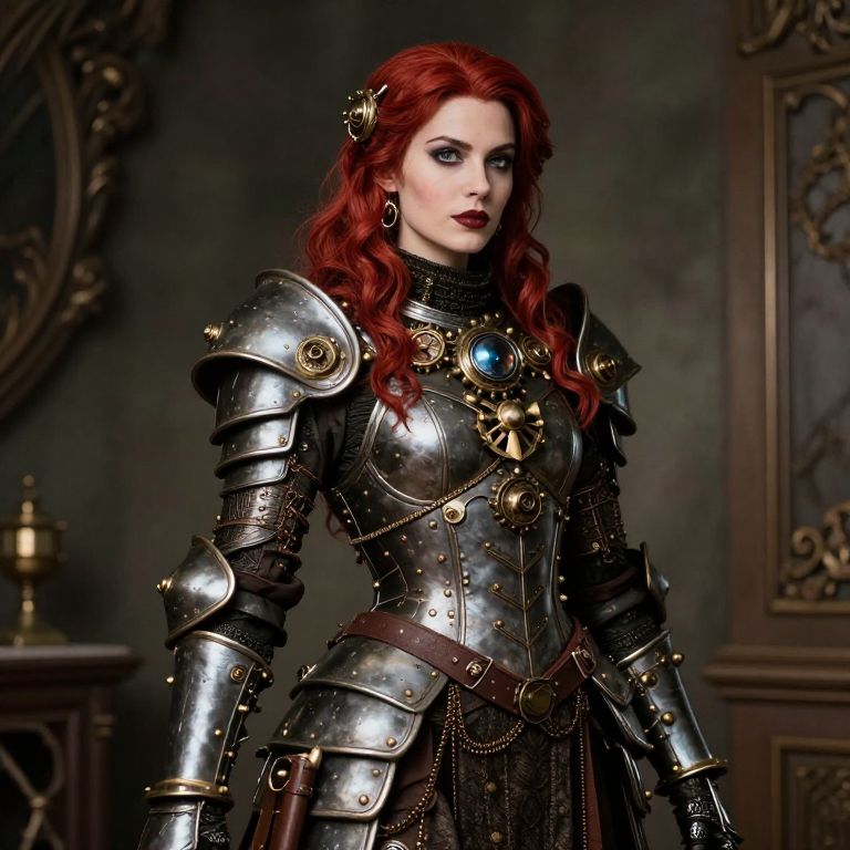 Steampunk Woman in Detailed Armor with Red Hair
