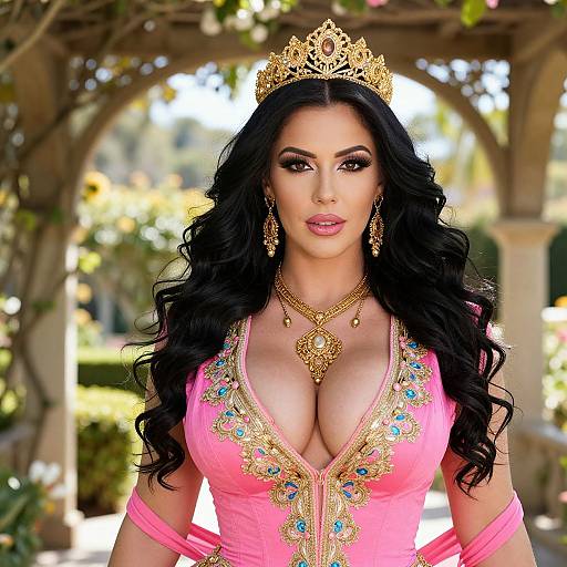 Elegant Woman in Pink Embroidered Gown Wearing Golden Crown