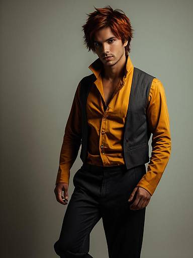 Man in Smolder Cosplay Costume Wearing Mustard Yellow Shirt and Gray Vest