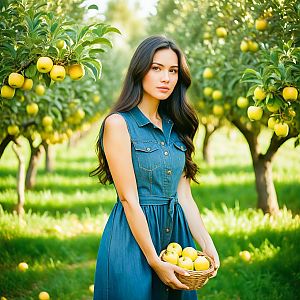 Young Woman in Blue Dress with Yellow Apples in Orchard
