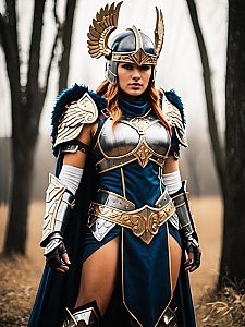 Viking Warrior Woman in Fantasy Armor Costume Outdoors