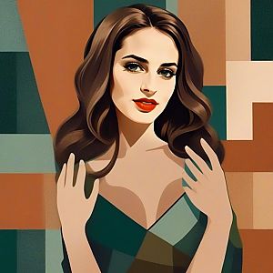 Woman with Flowing Hair and Green Eyes on Geometric Background