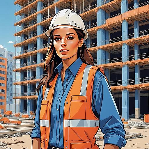 Woman Construction Worker in Safety Gear at Building Site Illustration