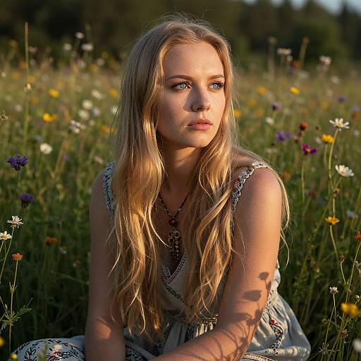 Blonde Woman Sitting in Wildflower Meadow at Golden Hour