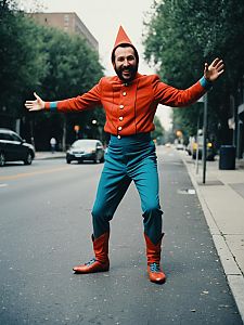 Man in One-Legged Costume Playful Comedic Cinematic Portrait