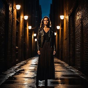 Woman in Black Leather Jacket Standing in Dimly Lit Alley at Night