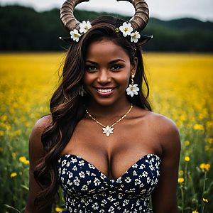Smiling Woman in Flower Field with Horns