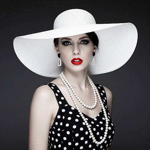 Vintage Glamour Woman in Polka Dot Dress and White Wide-Brim Hat