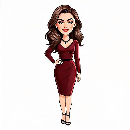 Stylish Woman in Elegant Burgundy Evening Dress with Wavy Hair Illustration