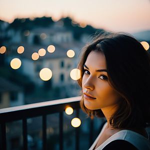 Young Woman on Balcony with Bokeh City Lights at Dusk