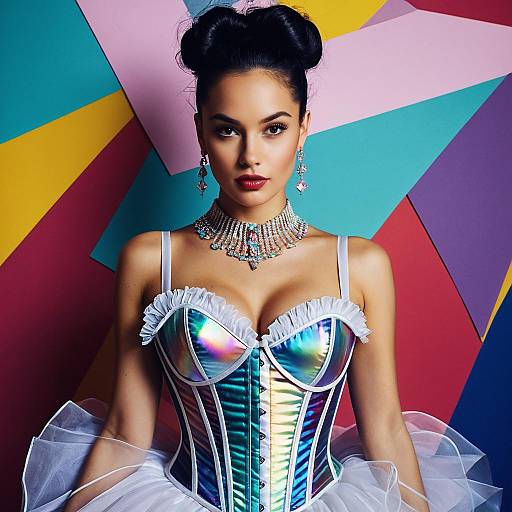 Fashion Portrait of Woman in Iridescent Corset with Geometric Colorful Background
