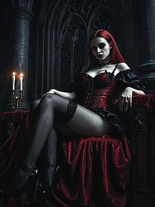 Gothic Woman in Red Corset Sitting on Velvet Throne with Candlelight