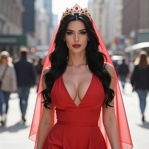 Woman Wearing Red Dress and Golden Crown with Veil in Urban Setting