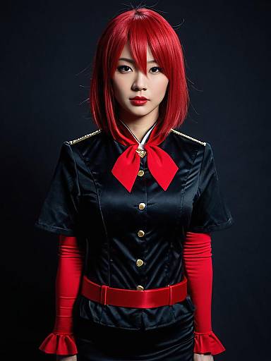 Realistic Cosplay of Ruby Kurosawa Character by Woman in Black and Red Costume