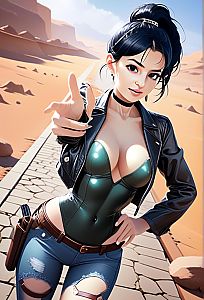 Confident Young Woman in Leather Outfit in Desert Landscape Digital Illustration