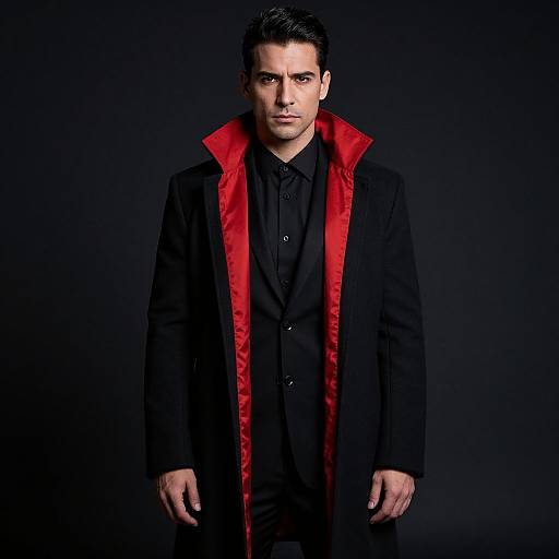 Confident Man in Black Coat with Red Satin Lining on Dark Background